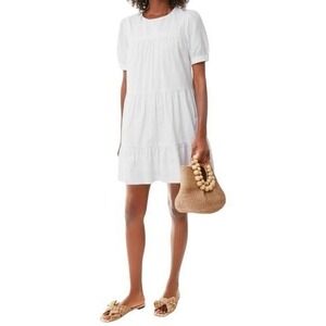 Pomander Place Quinn White Tiered Babydoll Dress XS Puff‎ Sleeve Button Back